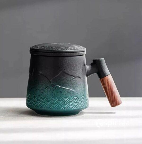 “Mountain” - Handmade Embossed Ceramic Tea Mug With Wooden Handle and Removable Infuser