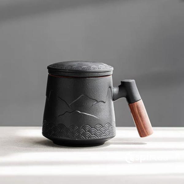 “Mountain” - Handmade Embossed Ceramic Tea Mug With Wooden Handle and Removable Infuser - Image 11