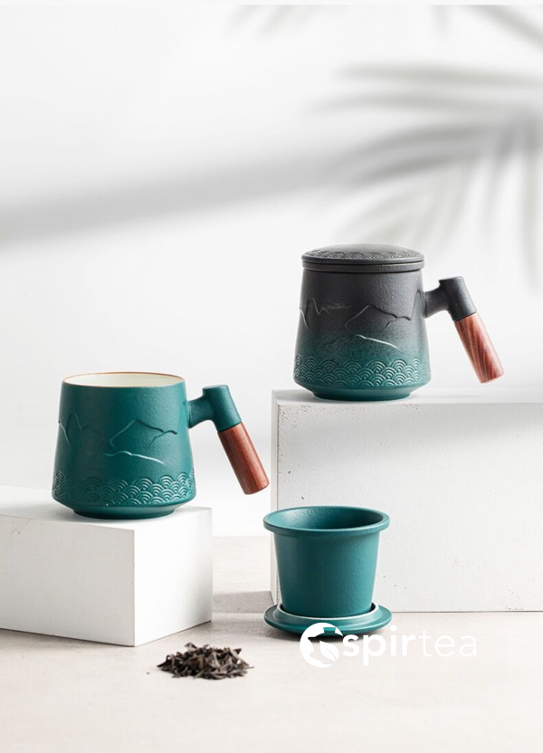 “Mountain” - Handmade Embossed Ceramic Tea Mug With Wooden Handle and Removable Infuser - Image 17